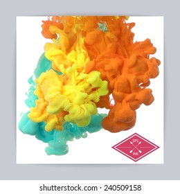 Template design with vector isolated cloud of  yellow, green, orange ink on white. Splashes of paint. Texture of ink, paint in water