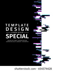Template design  vertical banner glitch style.  Vector distorted  background texture. Computer screen error. Digital layout with broken noise abstract pixel effect.  Flyer with modern backdrop. Vector