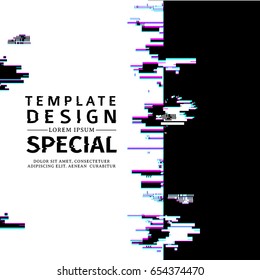 Template design  vertical banner glitch style.  Vector distorted  background texture. Computer screen error. Digital layout with broken noise abstract pixel effect.  Flyer with modern backdrop. Vector