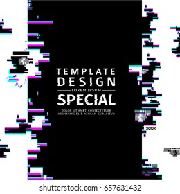 Template design  vertical banner glitch style. Vector distorted  background texture. Computer screen error. Digital layout with broken noise abstract pixel effect.  Advertising with modern backdrop.