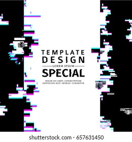 Template Design senkrechten Banner Stil glitch.  Vektorverzerrte Hintergrundstruktur. Computerbildschirmfehler. Digitales Layout mit defektem Rauschen abstrakter Pixeleffekt.  Werbung mit modernem Hintergrund.