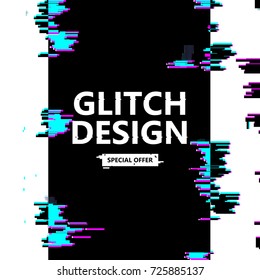 Template design vertical banner glitch style. Vector distorted background texture. Computer screen error. Digital layout with broken noise abstract pixel effect. Advertising with modern backdrop