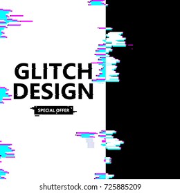 Template design vertical banner glitch style. Vector distorted background texture. Computer screen error. Digital layout with broken noise abstract pixel effect. Advertising with modern backdrop
