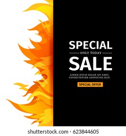Template design vertical banner with Special sale. Card for hot offer with frame fire graphic. Invitation layout with flame border on black background. Vector