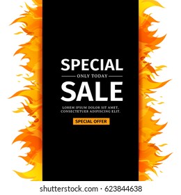 Template design vertical banner with Special sale. Black card for hot offer with frame fire graphic. Invitation layout with flame border on white background. Vector.