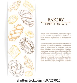 Template design with vertical ribbon with sketch of bakery (loaf, bun, bread, pretzel, croissant, donut) on white background. Card, badge, banner, poster design with hand drawn food illustration.