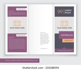 Template design of violet, navy and orange modern creative trifold brochure. Editable and light vector with places for photos. Proportionally A4