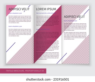 Template design of violet trifold brochure with stripes and lines. Editable and light vector with places for photos. Proportionally A4