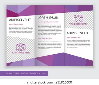 Template design of violet trifold brochure with polygons. Editable and light vector with places for photos. Proportionally A4