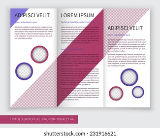 Template design of violet trifold brochure with stripes and circles. Editable and light vector with places for photos. Proportionally A4