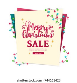 Template design web banner for the New Year's sale. Invitation to a happy holiday with the decor of colorful garlands. Merry Christmas flyer for the invitation to the New Year party. Vector