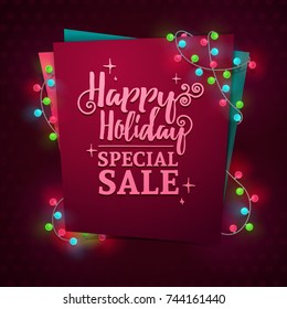 Template design web banner for the New Year's sale. Invitation to a happy holiday with the decor of colorful garlands. Christmas night red poster for the invitation to the New Year party. Vector