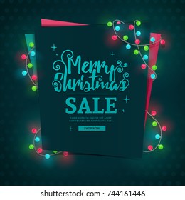 Template design web banner for the New Year's sale. Invitation to a happy holiday with the decor of colorful garlands. Christmas night blue flyer for the invitation to the New Year party. Vector.