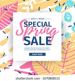 Template Design Web-Banner für Frühjahrsangebot. Frühlingsflyer für die Saison auf abstraktem Hintergrund mit Blumendekor und grafischem Blattelement. Vektorillustration.