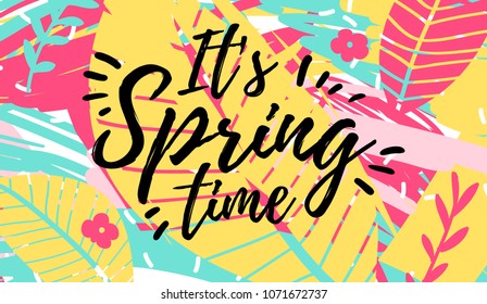 Template design web spring banner offer. Spring  flyer for season offer on abstract brush background with flower decoration and graphic leaf element. Vector.