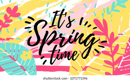 Template design web spring banner offer. Spring  flyer for season offer on abstract brush background with flower decoration and graphic leaf element. Vector.