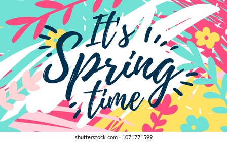 Template design web spring banner offer. Spring  flyer for season offer on abstract brush background with flower decoration and graphic leaf element. Vector.