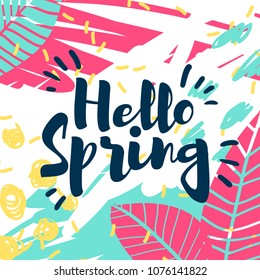 Template design web spring banner offer. Spring  flyer for season offer on abstract brush background with flower decoration and graphic leaf element. Vector.
