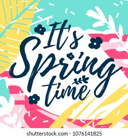 Template design web spring banner offer. Spring  flyer for season offer on abstract brush background with flower decoration and graphic leaf element. Vector.