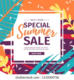 Template design web  summer banner offer with colorful texture. Summer flyer for season offer  and sale on abstract brush background with flower decoration and graphic leaf element. Vector