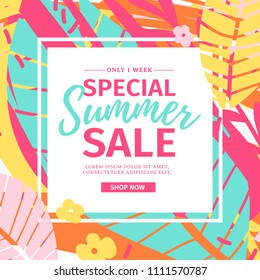 Template design web  summer banner offer with colorful texture. Summer flyer for season offer  and sale on abstract brush background with flower decoration and graphic leaf element. Vector