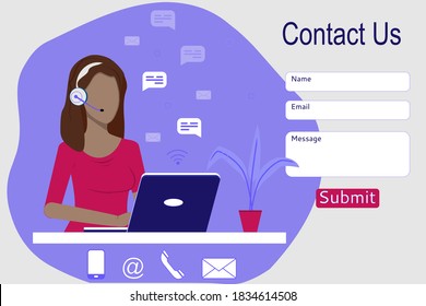 Template design for website and application contact us. Female call center customer service agent with headphones, microphone and computer talking. Online customer support concept. Vector