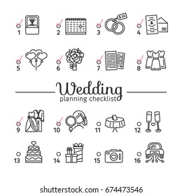 Template Design Wedding Planning Checklist With Romantic Line Marriage Icon. Poster With Layout Bridal Organizer.  Concept Wedding Symbol. Vector 