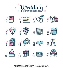 Template Design Wedding Planning Color Checklist With Romantic Line Marriage Icon. Poster With Layout Bridal Organizer. Concept Wedding Symbol. Vector 