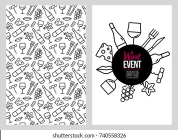 Template design with wine icons pattern background. Outline icon for wine glass, bottle, lips, cheese, cutlery, corkscrew, bunch of grapes and vine leaf. Vector illustrations.