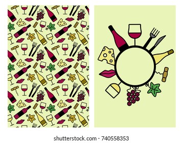 template design with wine icons pattern background. Idea for your food and drink designs. Flat colors. Vector illustrations.