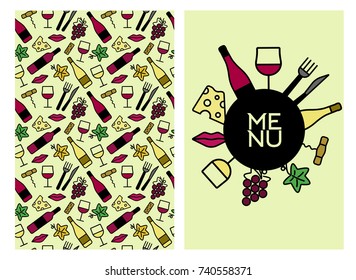 Template design with wine icons pattern background.Flat colors. outline icon for wine glass, bottle, lips, cheese, cutlery, corkscrew, bunch of grapes and vine leaf. Vector illustrations.