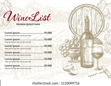 Template design for wine list. Label  with classical and modern typography. Wine menu. Drawing hand image, vector illustration.