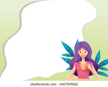 Template design, Woman with herbal tea time frame background, Abstract nature border and white background - Vector