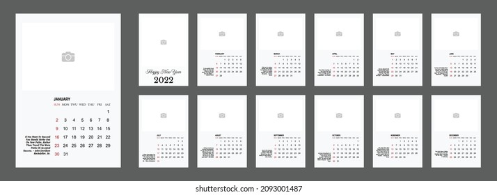 diseño de plantilla para el año 2022 calendario tamaño A3 con palabras motivacionales
