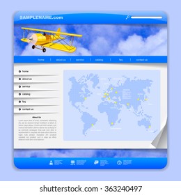 Template design with yellow airplane, clouds in sky and digital world map on the blue background. Airlines or travel web design. Vector Illustration