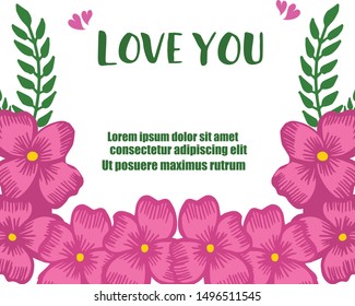 Template design for you, greeting card love you romantic, with various cute pink wreath frame. Vector