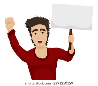 Template design with young man with red shirt, raised fist and protesting gesture while holds a blank placard.