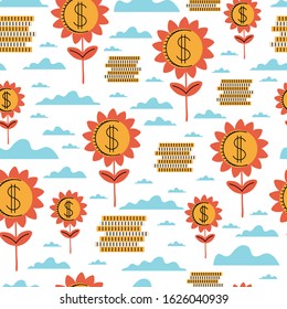 Template for designers and illustrators. Flying golden dollars seamless pattern.