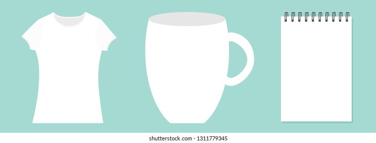 Template for designers presentation. Branding mockup. T-shirt template. White color. T shirt Front side. Cup mug, spring notebook notepad set line. Flat design. Isolated. Blue background. Vector