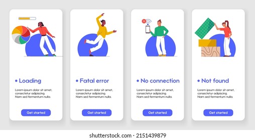 Template designs empty states for mobile app pages concept. Vector character illustration with people in different scenes. Loading, Fatal error, No connection, Not found