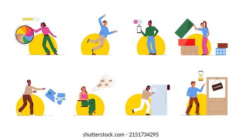 La plantilla diseña estados vacíos para el concepto de páginas de aplicaciones móviles. Ilustración de carácter vector con personas en diferentes escenas. Cargando, error fatal, No hay conexión, No se encuentra, pago fallido, esperando