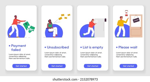 Template designs empty states for mobile app pages concept. Vector character illustration with people in different scenes. Payment failed, Unsubscribed, List is empty, Please wait. 