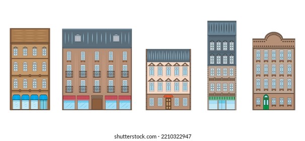 Template designs of five types building along the street drawing in cartoon vector