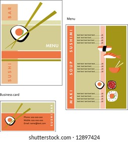 Template designs of menu and business card for coffee shop, SUSHI BAR and restaurant, vector file include