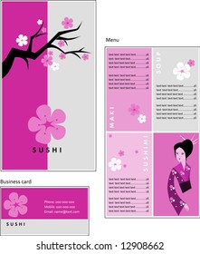 Template designs of menu and business card for coffee shop, SUSHI BAR and Japanese restaurant, vector file include