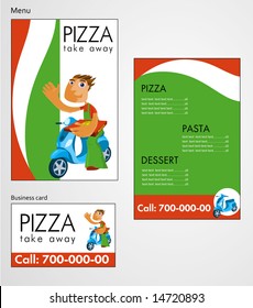 Template designs of menu and business card for pizza restaurant, take away