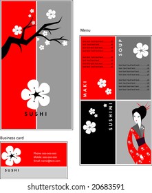 Template designs of menu and business card for coffee shop, SUSHI BAR and restaurant, vector file include