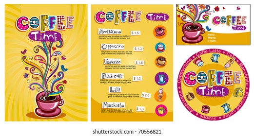 Template designs of menu and business card for cofee shop