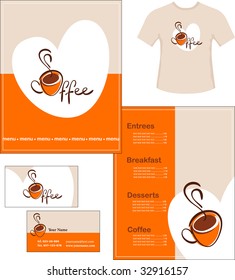 Template designs of menu, t-shirt and business card for coffee shop and restaurant, vector file include
