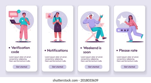 Template designs for mobile app pages concept. Man waiting verification code. Woman sets up notifications and leaves feedback with rating. Freelancer dreams of weekend. Vector character illustration